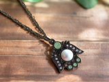 Vintage Flora: Antique Gold Chain Necklace with Green & Pearl Flower Pendant