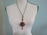 Bold Harmony: Antique Gold Chain Necklace with Red/Turquoise Pendant