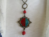 Bold Harmony: Antique Gold Chain Necklace with Red/Turquoise Pendant