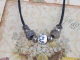 Midnight Bloom: Navy Suede Necklace with Flower Glass Beads