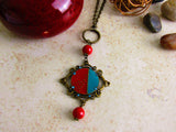 Bold Harmony: Antique Gold Chain Necklace with Red/Turquoise Pendant