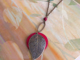 Autumn Radiance: Cranberry Wood & Embossed Leaf Long Necklace