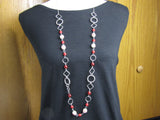Crimson Petals: Red and White Glass Flower Bead Necklace