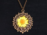 Vintage Sunshine: Antique Gold Necklace with Dried Yellow Flower Pendant