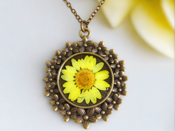 Vintage Sunshine: Antique Gold Necklace with Dried Yellow Flower Pendant