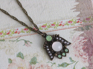 Antique Gold Chain Necklace with Green & Pearl Pendant