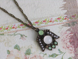 Vintage Flora: Antique Gold Chain Necklace with Green & Pearl Flower Pendant
