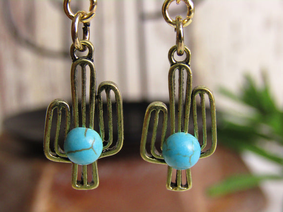 Gold and Turquoise Cactus Earrings