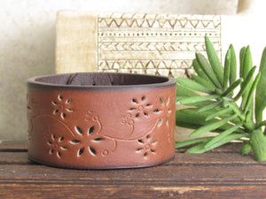 Brown Leather Flower Cuff Bracelet