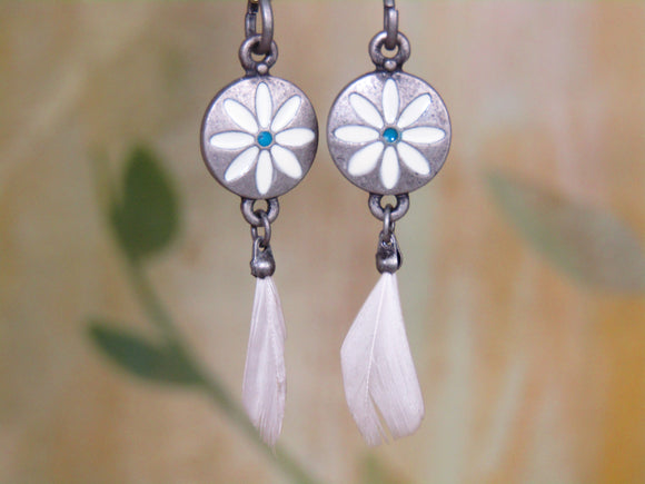 Pewter Earrings with Daisy and Feather