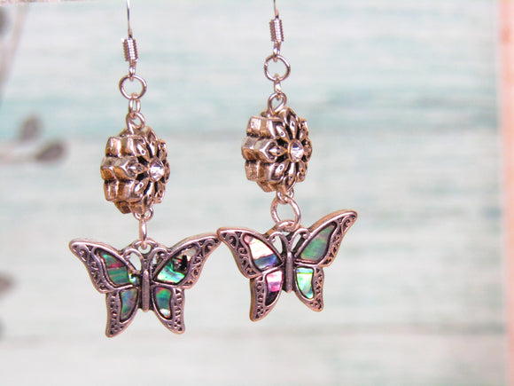 Silver Flower and Abalone Butterfly Earrings