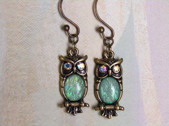 Green Opal Owl Earrings