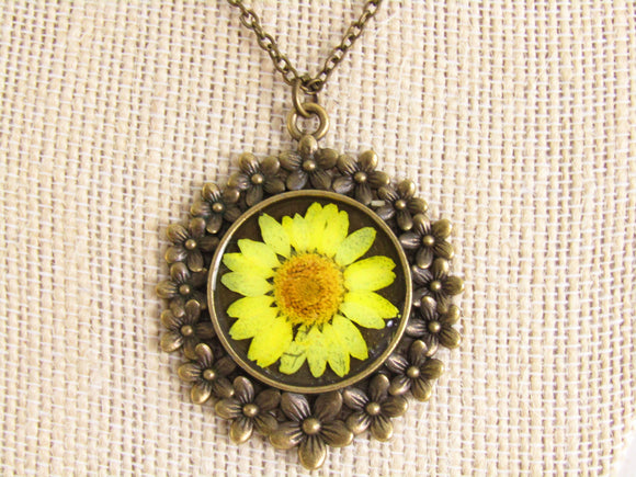 Antique Gold Necklace with Dried Sunflower Pendant