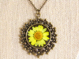 Vintage Sunshine: Antique Gold Necklace with Dried Yellow Flower Pendant