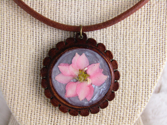 Leather Cord Necklace with Dried Pink Larkspur Flower