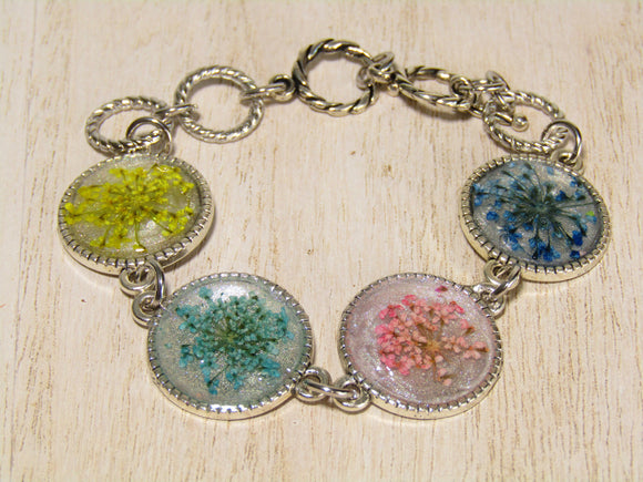 Silver Bracelet with Dried Multi-Colored Queen Anne's Lace