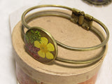 Bronze Hinged Bracelet with Pink, Green and Yellow Dried Flowers