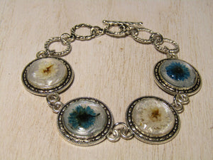 Silver Bracelet with White and Denim Dried Flowers