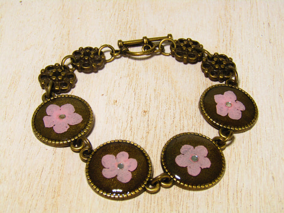 Vintage Bronze Bracelet with Pink Blossoms
