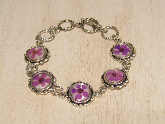 Silver Bracelet with Dried Purple Plum Blossoms