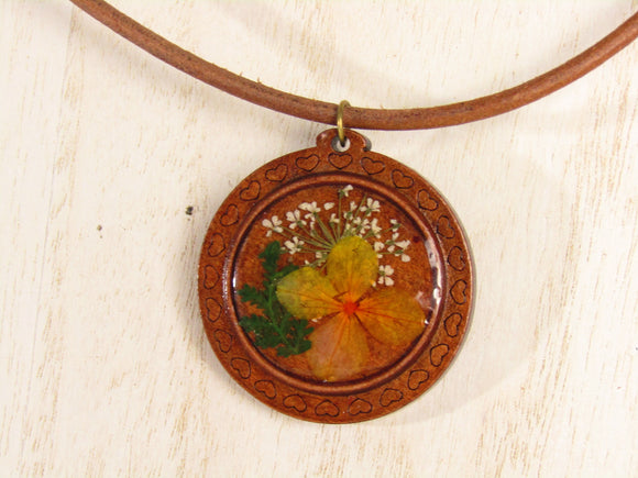 Leather Necklace with Dried Flower Bouquet
