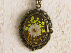 Vintage Bronze Necklace with Yellow and Orange Queen Anne's Lace Flowers.