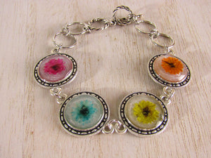 Silver Bracelet with Multi-Colored Dried Flowers