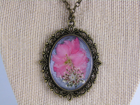 Vintage Bronze Necklace with Dried Pink and White Flowers