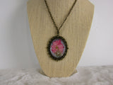 Vintage Bronze Necklace with Dried Pink and White Flowers