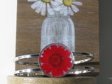 Silver Hinged Bracelet with Red Daisy
