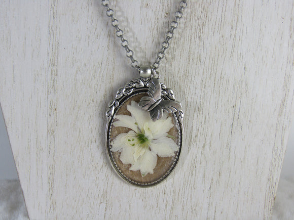 Pewter Necklace with Dried White Larkspur Flower