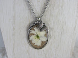 Pewter Necklace with Dried White Larkspur Flower